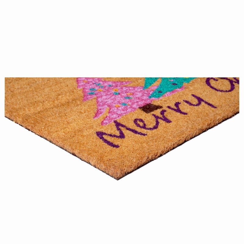 HomeRoots 24" X 36" Brown Green And Pink Christmas Trees Merry Christmas Outdoor Coir Door Mat - 24.00' X '36.00