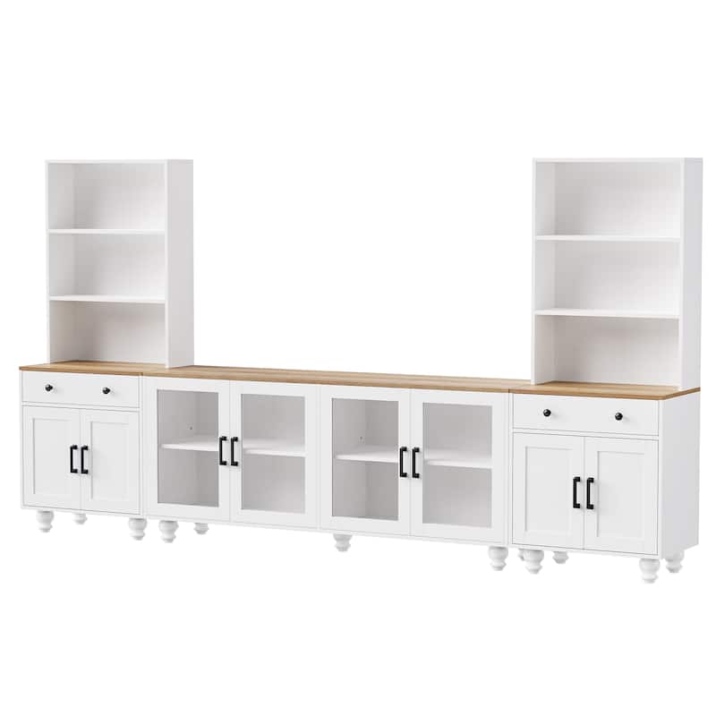 White+Walnut Farmhouse TV Entertainment Center with Bookshelves and Glass Doors for TVs Up to 70"