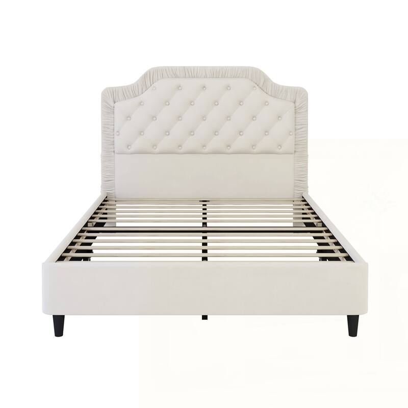Upholstered Bed with Ruched and Button Tufted Headboard