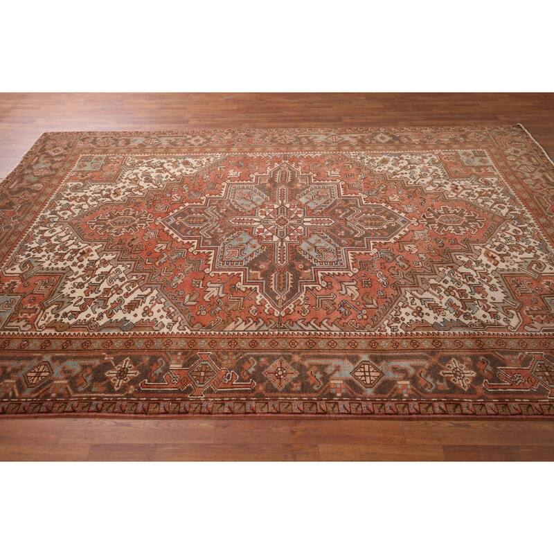 Orange Geometric Heriz Persian Vintage Area Rug Handmade Wool Carpet - 7'2"x 9'8"