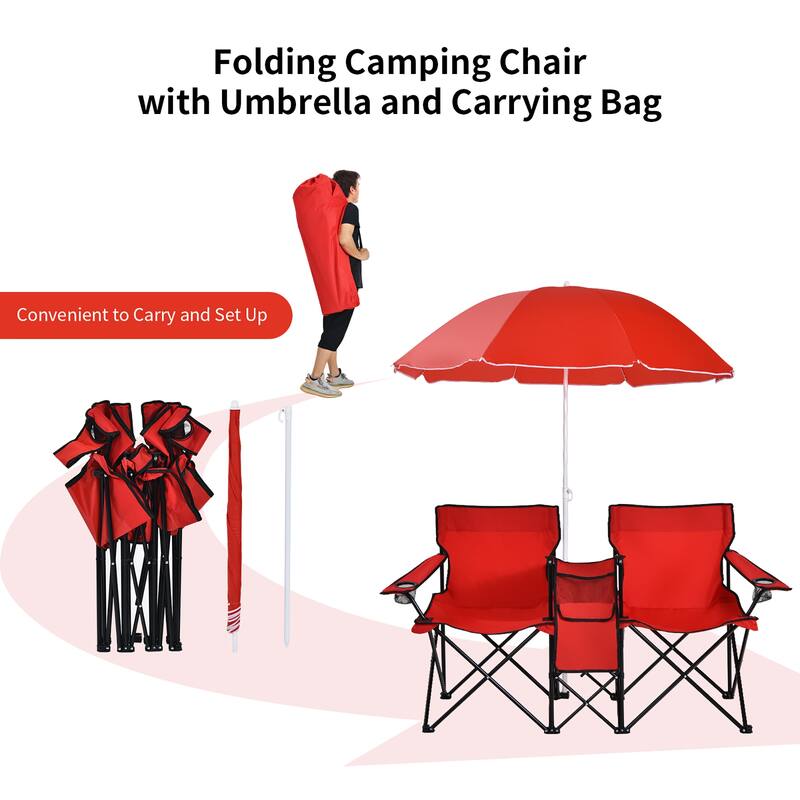 Portable Folding Picnic Double Chair with Umbrella Table Cooler Beach