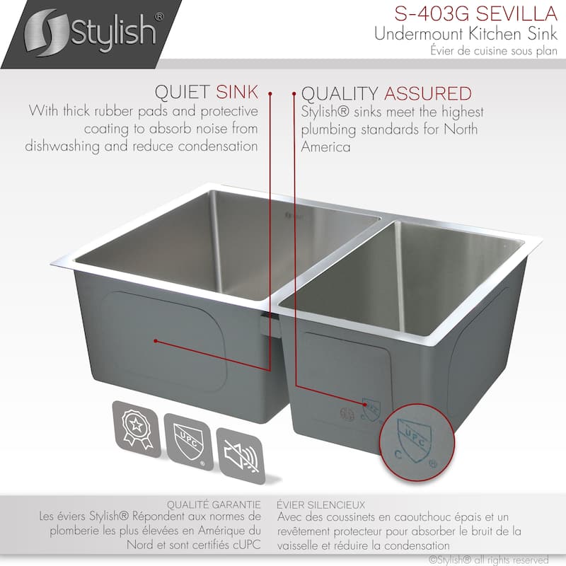 Undermount 28" Stainless Steel Double-Bowl 60/40 Kitchen Sink S-403G - 28" x 18" x 9"