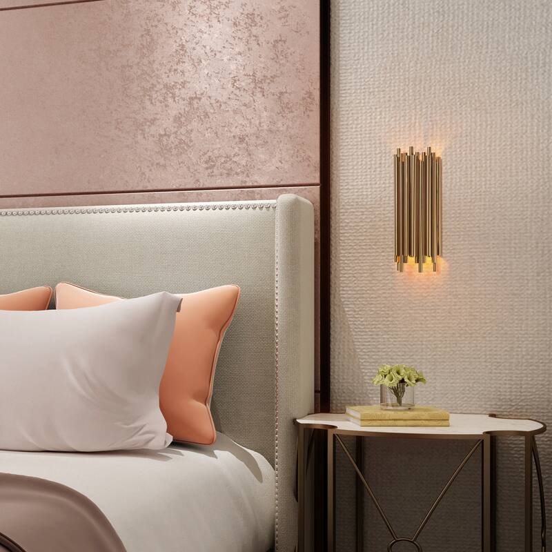 Mid-Century Modern 2-Light Wall Sconces Gold Metal Bathroom Vanity Lights - 5.5" W x 14" H x 3.5" D