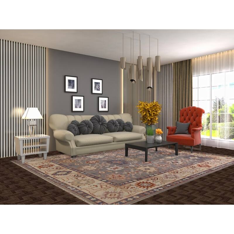 All-Over Gray Geometric Oushak Indian Rug Hand-Knotted Wool Carpet - 8'0"x 10'0"