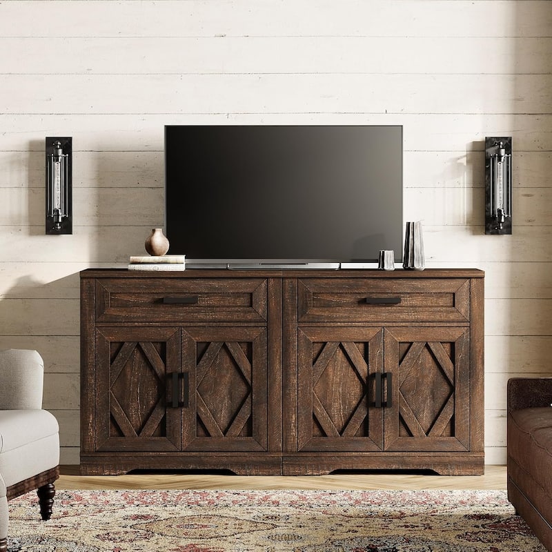 Farmhouse Entertainment Center with Storage Barn Door Cabinet for 50"-130" TVs - 63 inches in width - Dark Brown