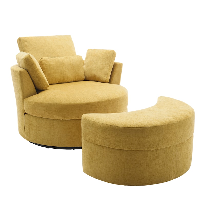 Upholstered Swivel Accent Chair with Wooden Tray Storage Ottoman