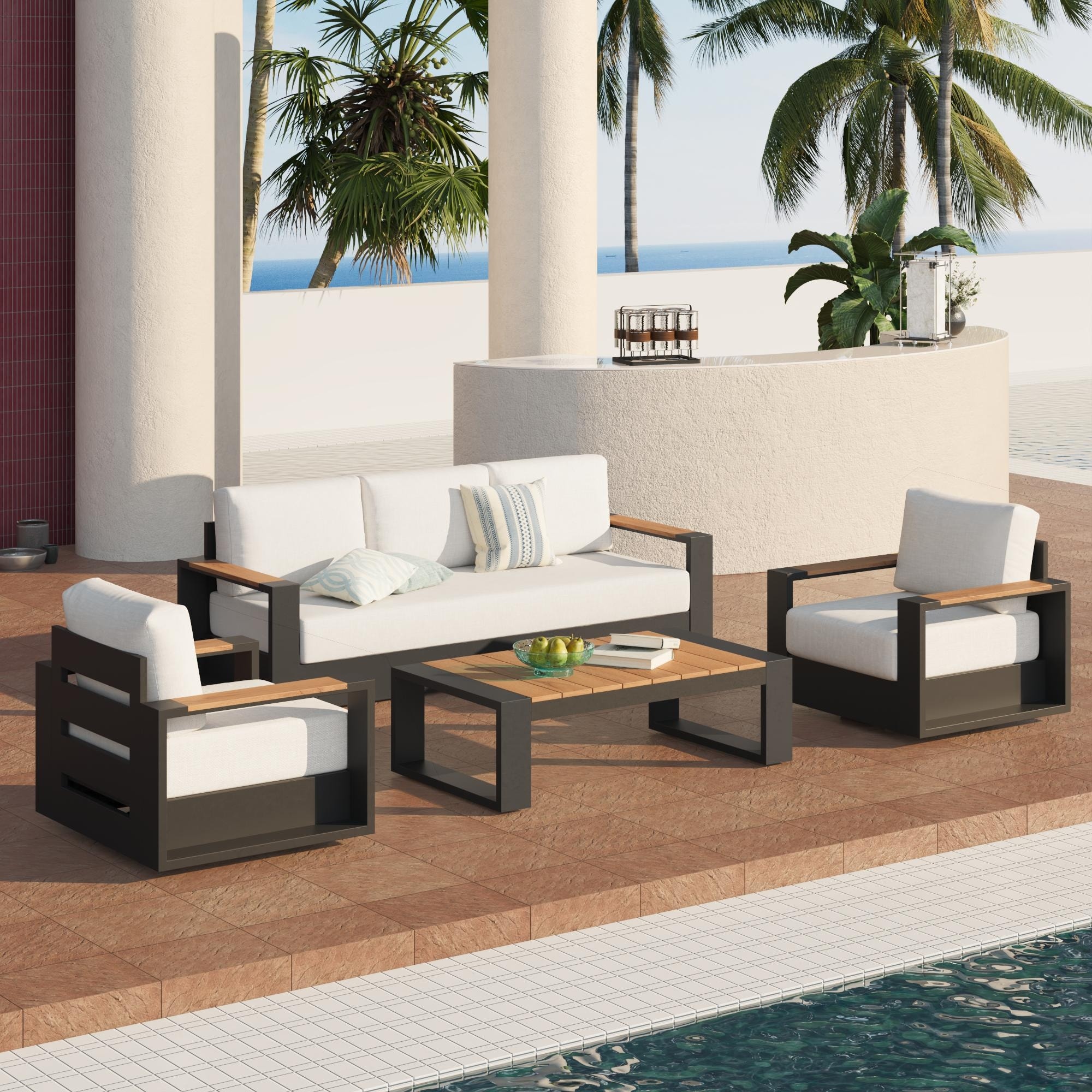 Modern Outdoor Aluminum 4-Piece Conversation Set with Thick Polyethylene ＆Polyester Cushions