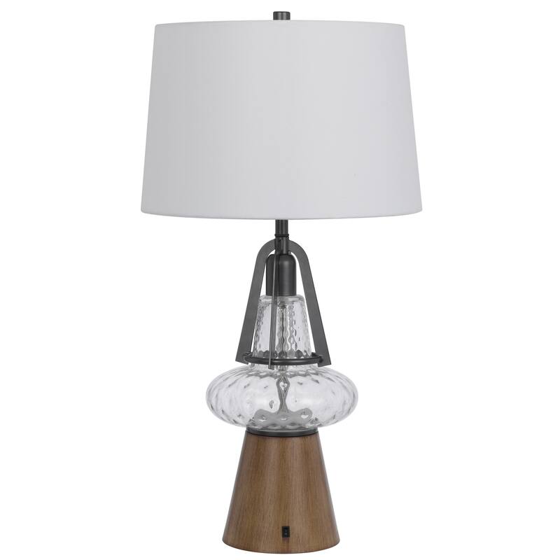 Leya 30 Inch Table Lamp, Lantern Style Glass Base, White Fabric Shade