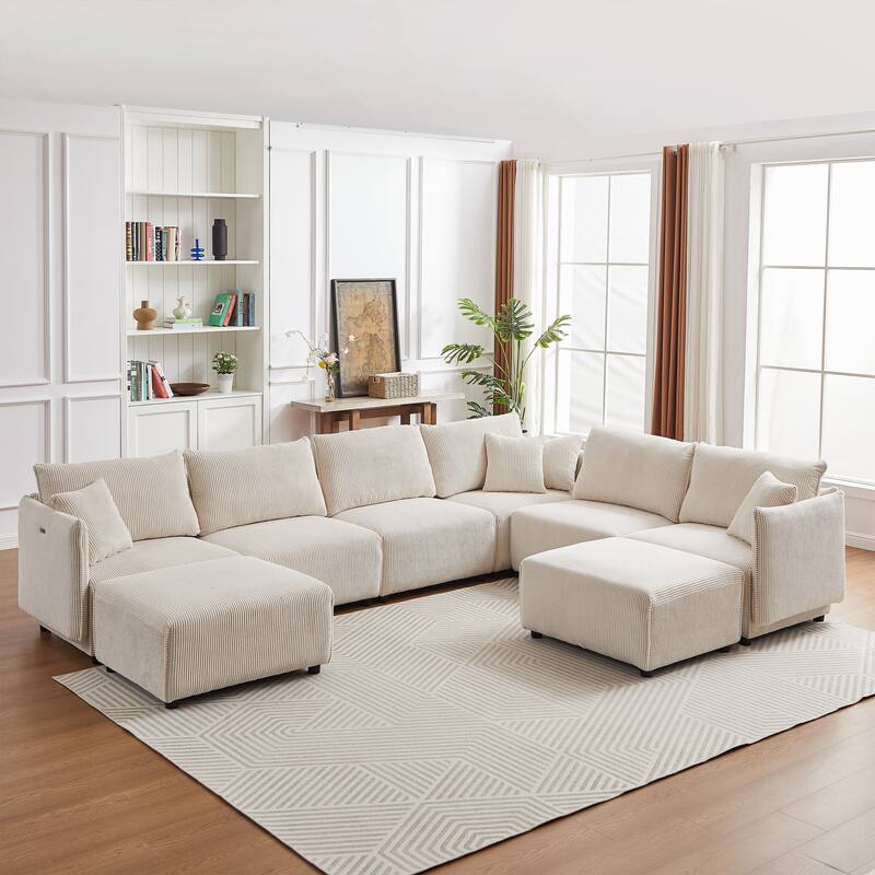 Convertible Multi-Module Sofa Set for Living Room and Lounge,8-Seat Corduroy Sofa with USB & C Charging Ports Comfort Cushions - Beige