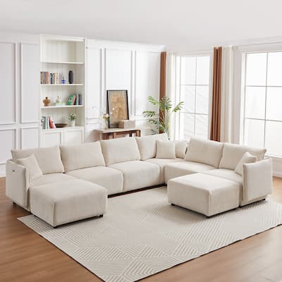 Corduroy Modular Combination Sofa with USB Ports, Gray, Modern Style,Two Sets聽
