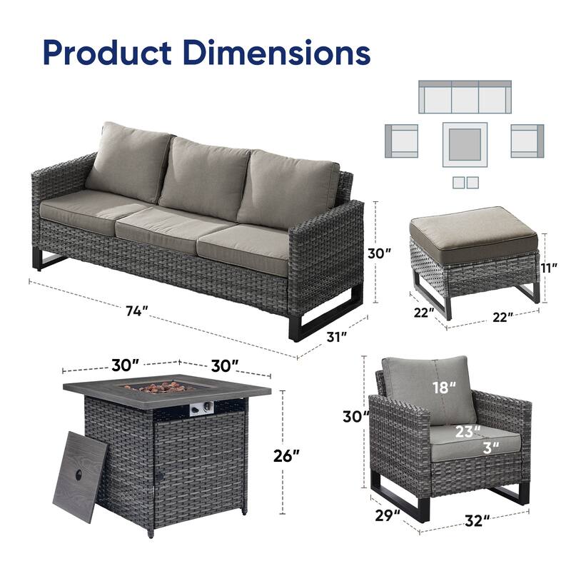Pati Sofa with Fire Pit Table and Club Chairs
