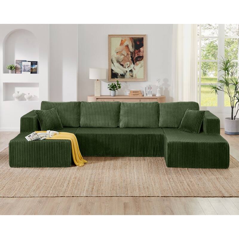 Modern Minimalist U-Shaped Modular Corduroy Sectional Sofa - Compressed, Space-Efficient Sleeper Couch for Living Room & Bedroom - Green