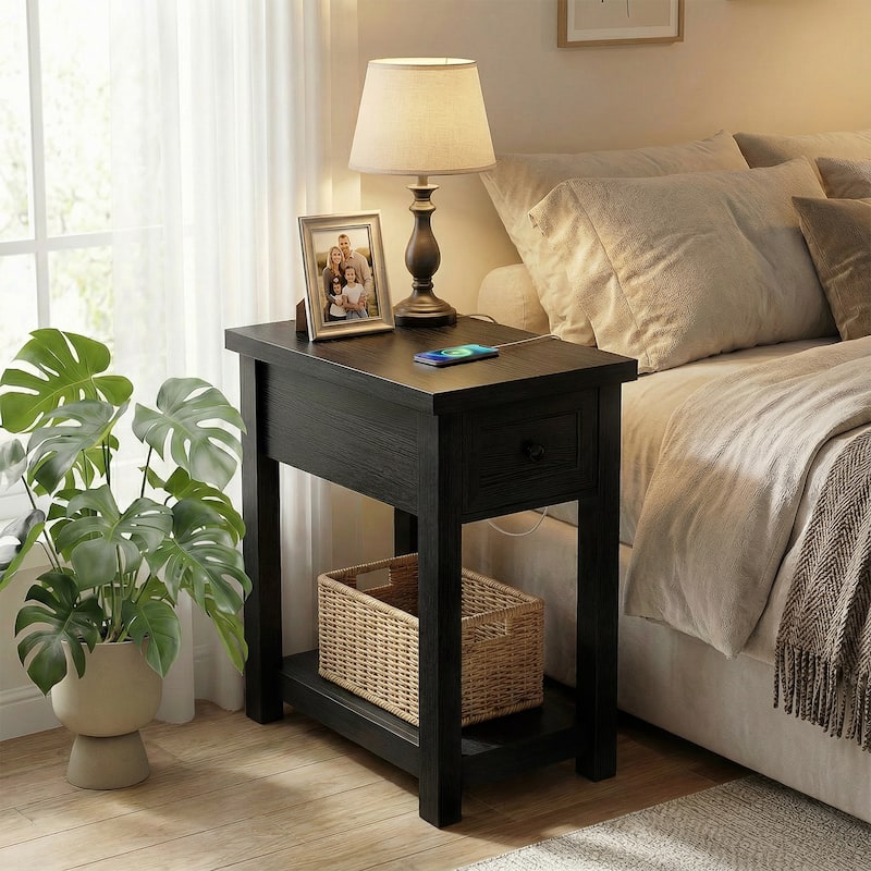 Farmhouse End Table with Wood Drawers and Charging Station, Sofa Side Table, Nightstand