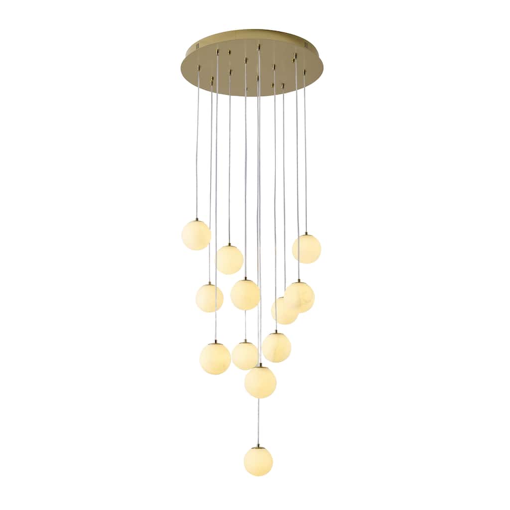 12-Light Brass Stainelss Steel Chandelier With Alabaster Pendants