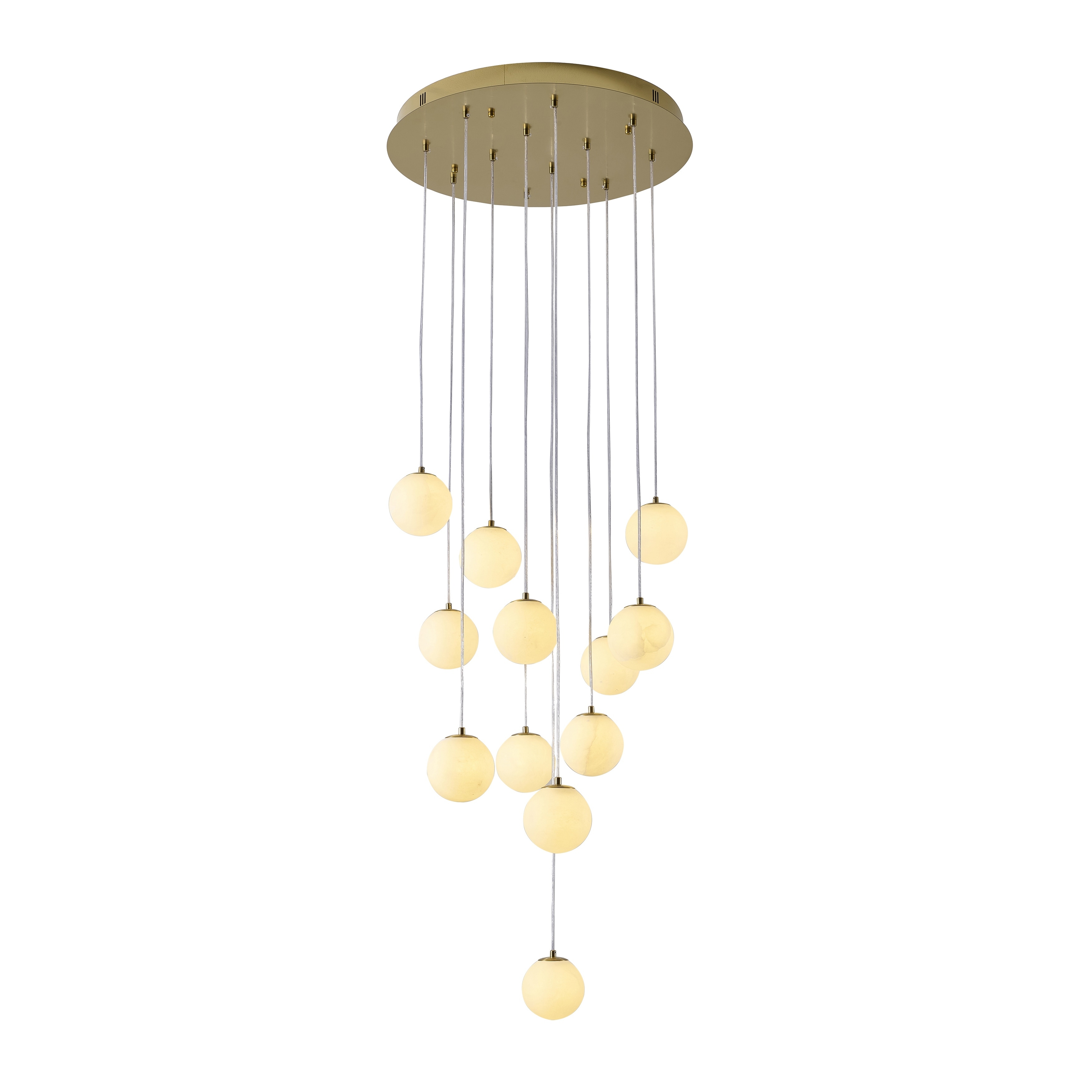 Transitional 12-Light Brass Stainelss Steel Chandelier With Alabaster Pendants