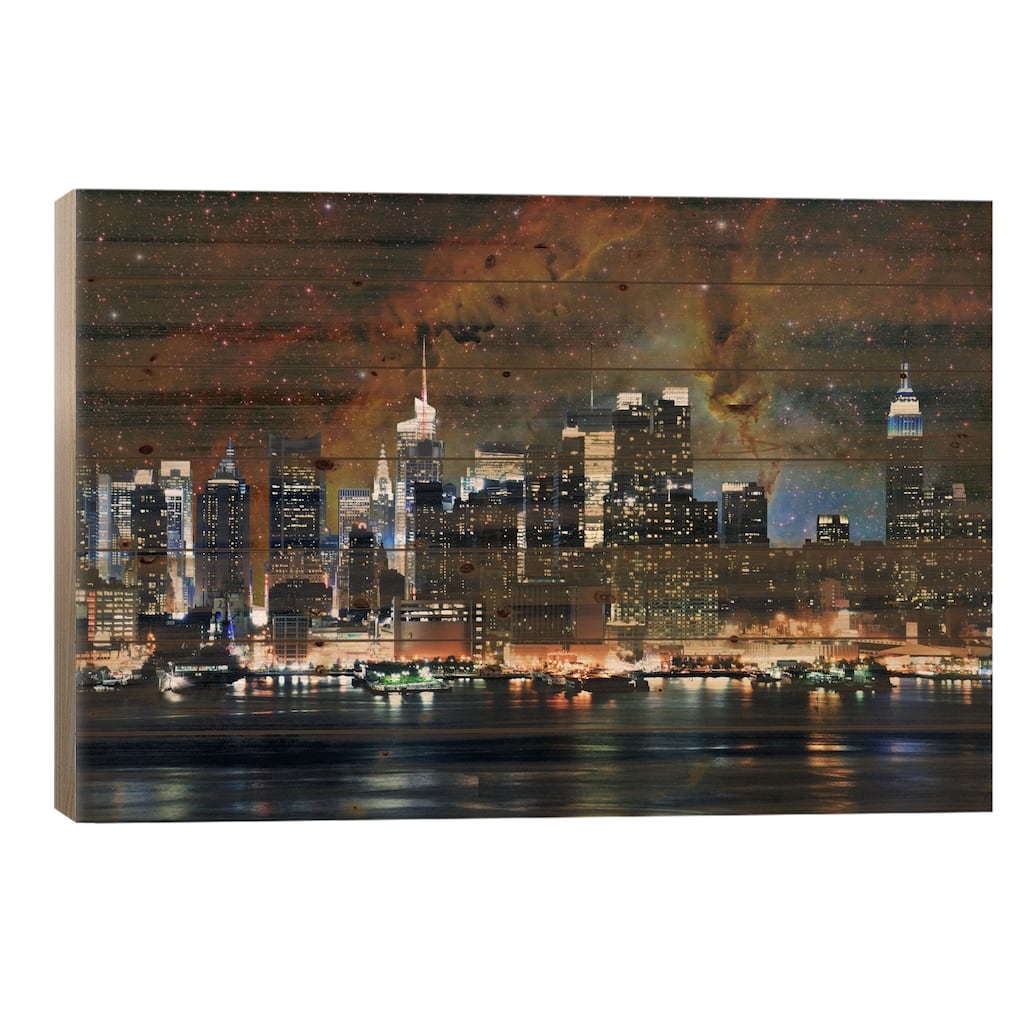 New York City, New York Nebula Skyline Print On Wood by 5by5collective - Multi-Color