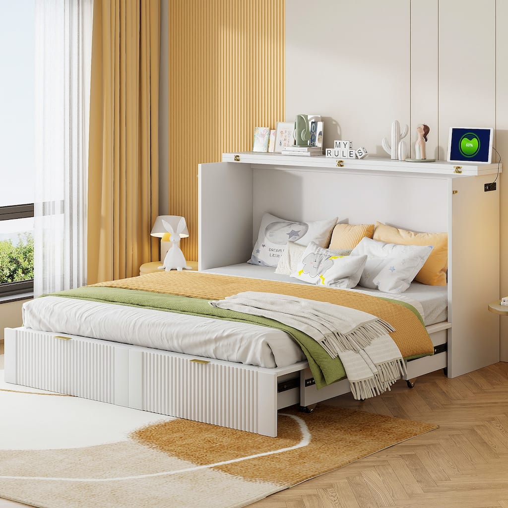 Queen Size Wall Bed with Drawer, USB Ports & Smooth Pulley Mechanism, Space-Saving White Cabinet Bed
