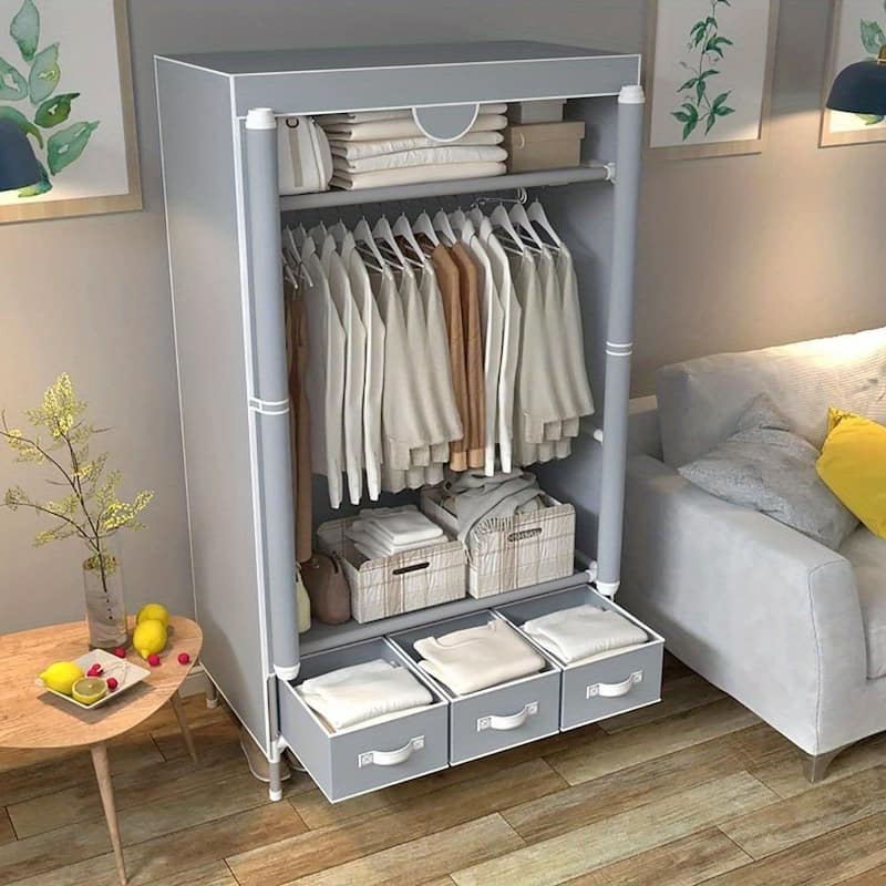 Portable Clothes Closet Rolling Door Wardrobe with Hanging Rack