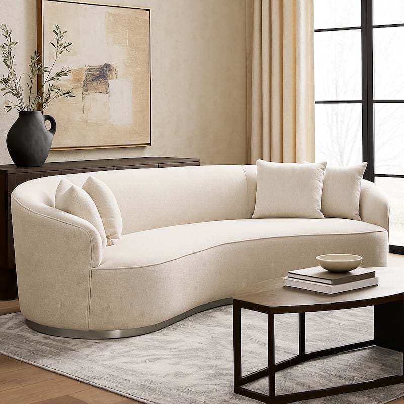 Riha Sofa, 97 Inch Retro Curved, 4 Pillows, Cream White Velvet, Brushed Gold Trim