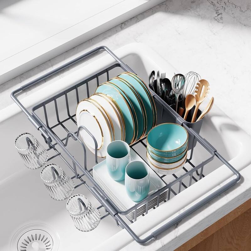 Dish Drying Rack in Sink - Expandable Stainless Steel Dish Rack - 9.8"D x 15.4"W x 3"H - Silver