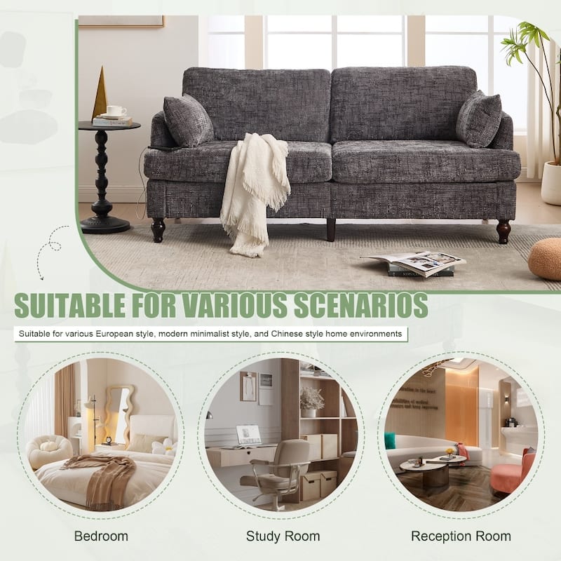 Modern Chenille 2-Seater Wood-Legged Sofa with LED light, USB Charging Port and Storage Bag