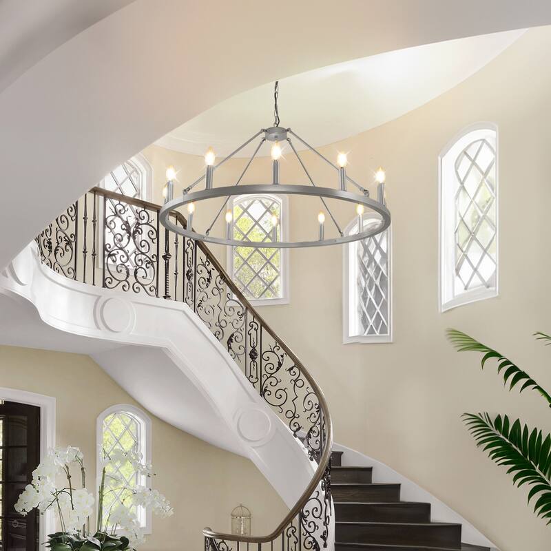 Black Wagon Wheel Chandelier 38 inch, 12-Light Black Round Industrial Farmhouse Chandeliers