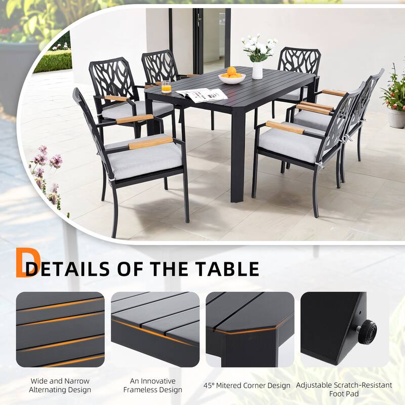 Modern Outdoor Aluminum table with Alternating Wide and Narrow Slats, Angled Corners, 2" Big Umbrella Hole