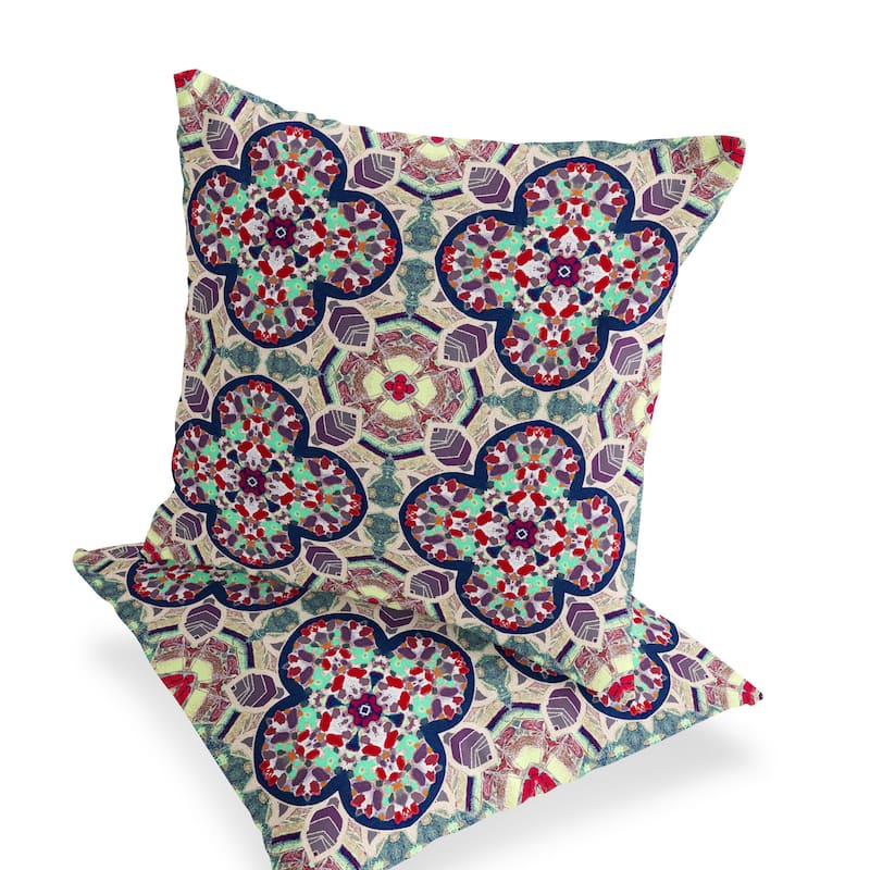 HomeRoots Set of Two 16" X 16" Green and Red Blown Seam Floral Indoor Outdoor Throw Pillow - 16.00' X '16.00' X '5.00