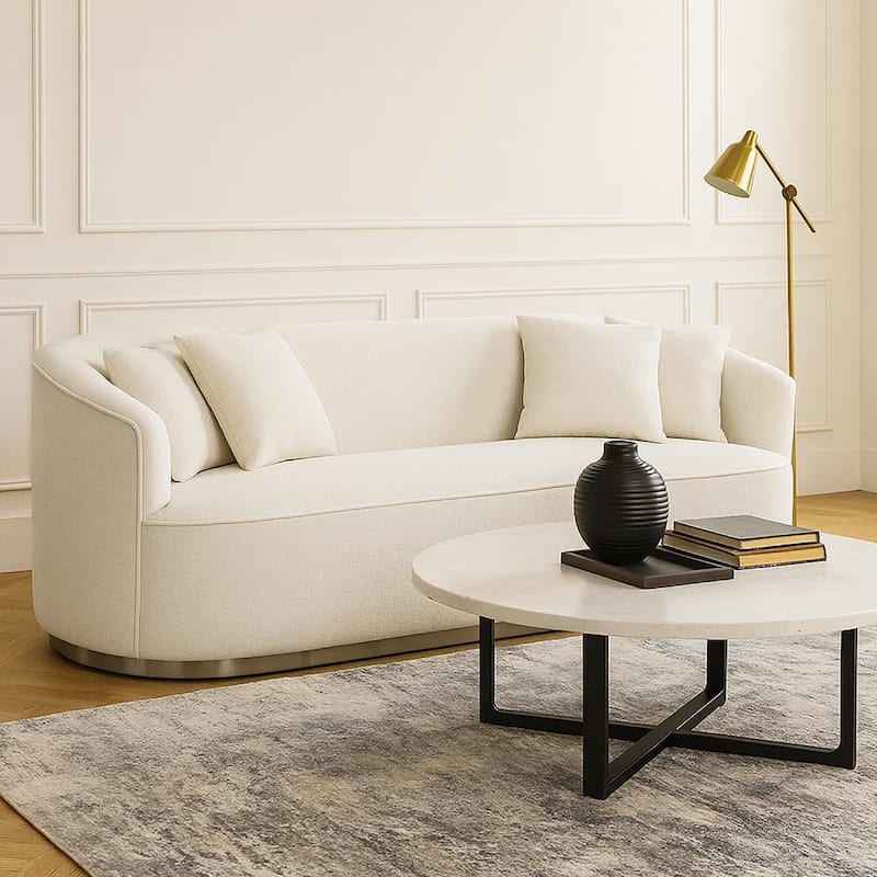 Oggy 83 Inch Sofa, 4 Throw Pillows, Barrel Shape, Soft Beige Chenille