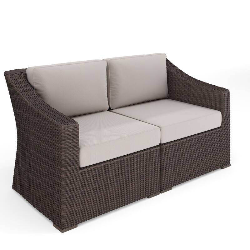 Martha Stewart Outdoor Modular Rattan Wicker Loveseat with All-Weather Cushions - 58"W x 32"D x 30"H - Tan Cushions/Brown Frame