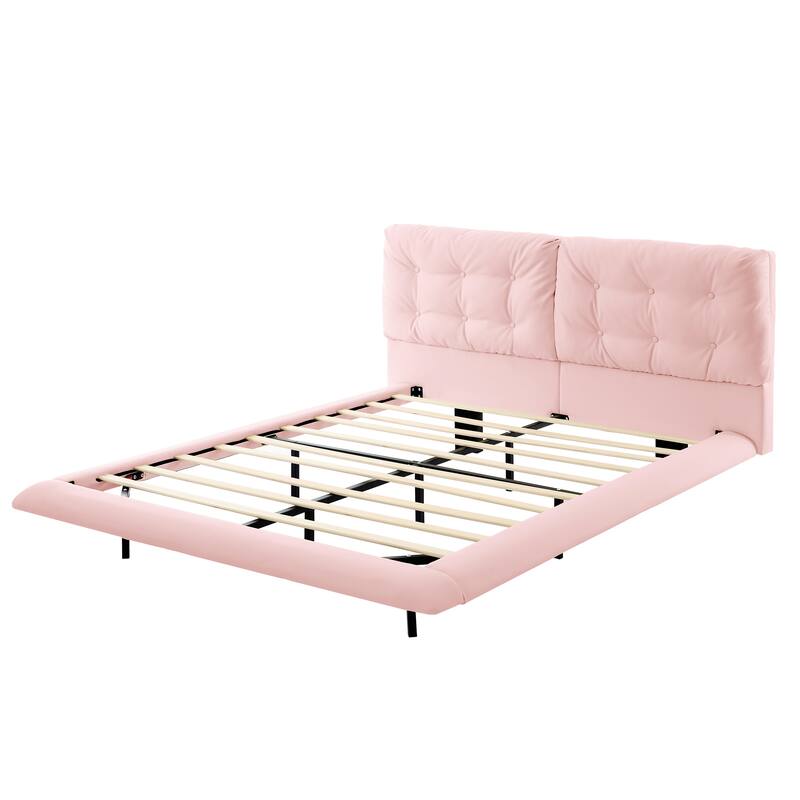 Christopher Knight Home- Lorcan PU Leather Floating Bed Frame with LED Lights and Button-Tufted Headboard