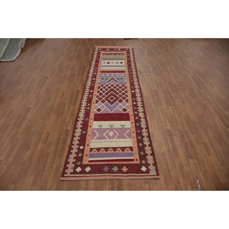 Hand Woven Oriental 100% Wool Carpet Southwestern Tribal Multi-Colored Kilim Runner Rug - 12' 10'' X 3' 3''