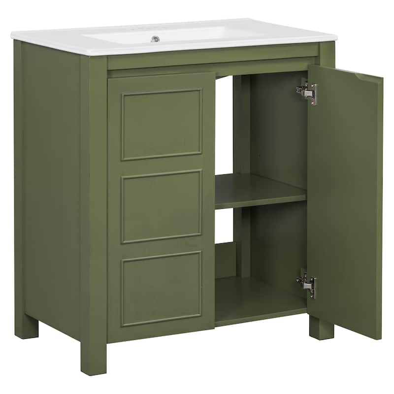 Center Rectangular Ceramic Sink Bathroom Vanity Cabinet with Adjustable Shelf, 30 Inch