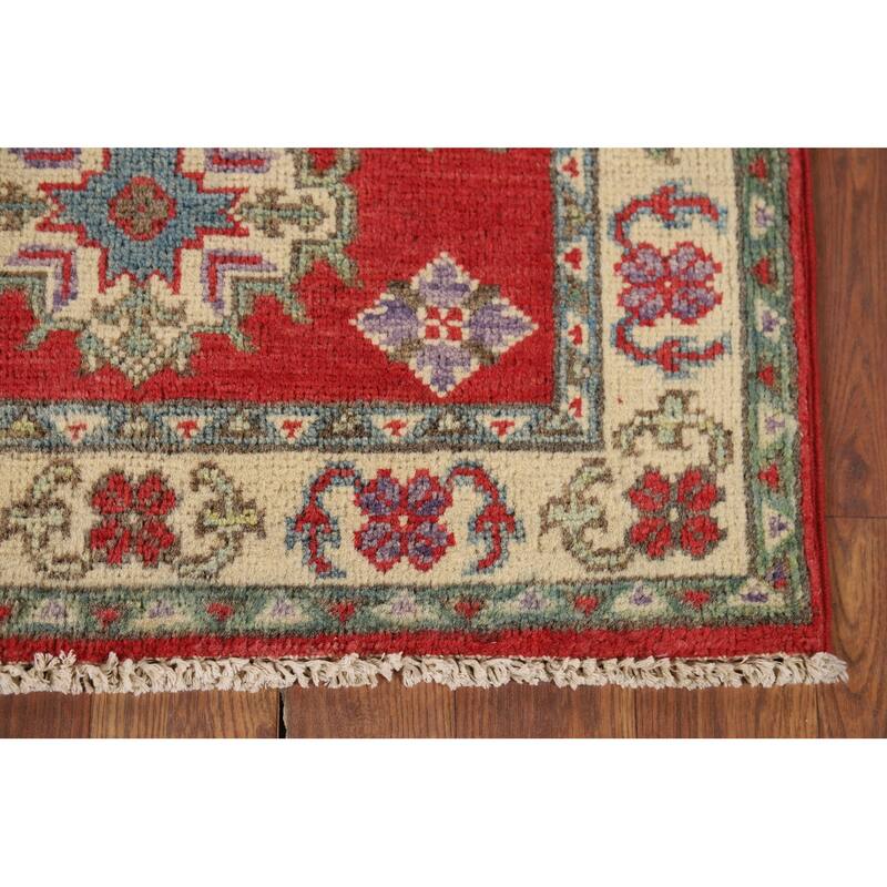 Hand Knotted Oriental 100% Wool Carpet Traditional Geometric Red Kazak Area Rug - 3' 1'' X 2' 1''