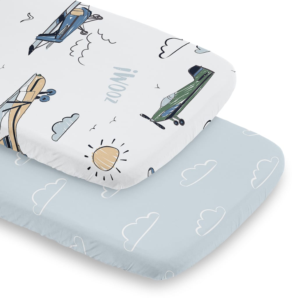 Sweet Jojo Designs Vintage Airplane Boy 2 Pack Baby Bassinet Fitted Sheets - Blue Clouds & Airplanes, Air Plane, Transportation