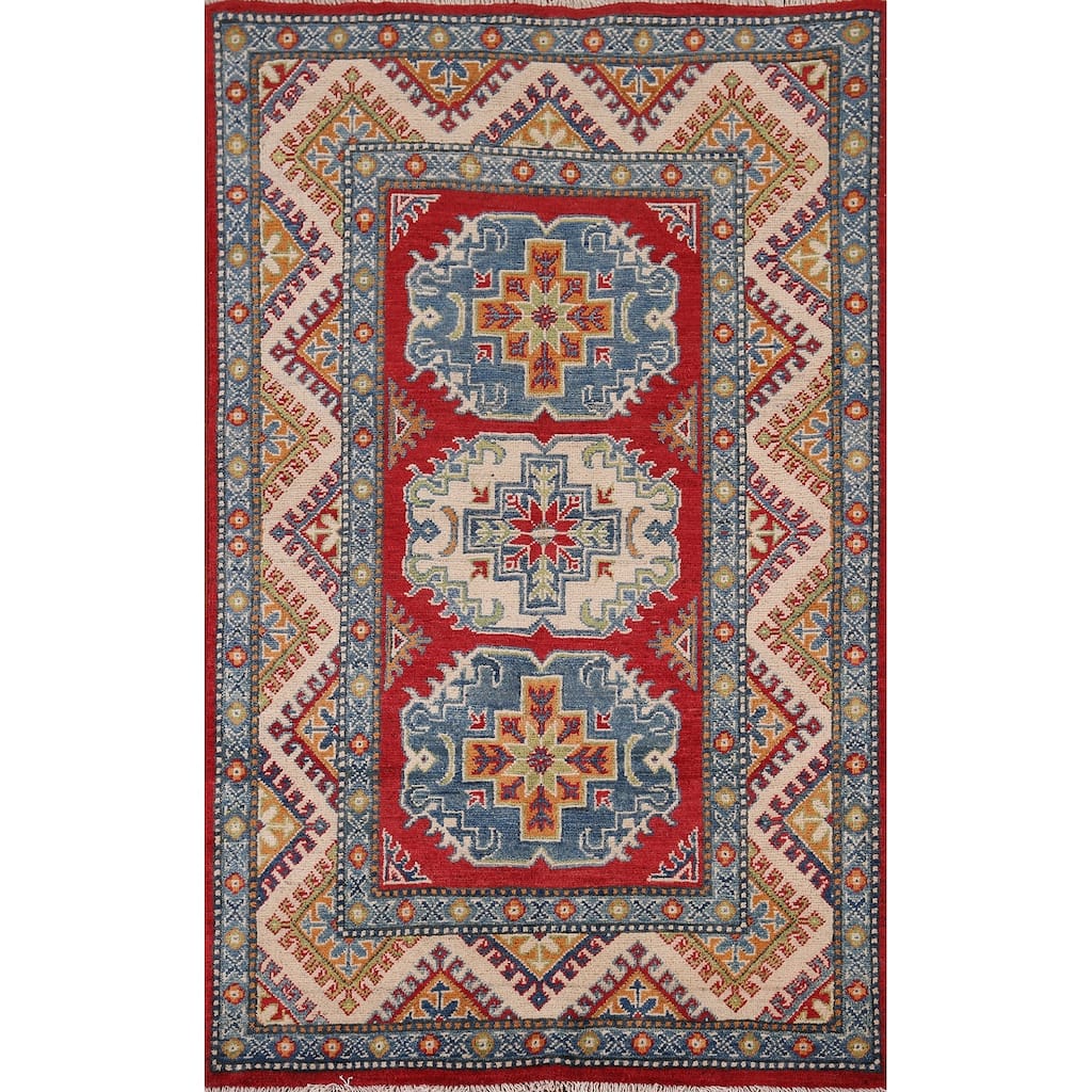 Traditional Kazak Accent Rug Hand-Knotted Red Wool Carpet - 3'3" x 5'4"