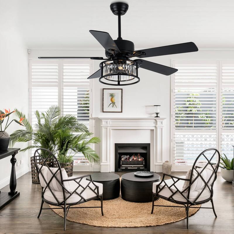 52" Modern Indoor Reversible Crystal Drum Ceiling Fan with Remote Control and Light Kit Chrome