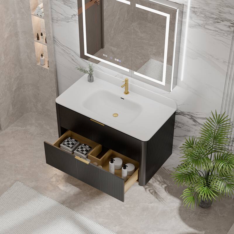 Modland Fluted Floating Vanity with Sink, Plywood Wall Mount Cabinet, Curved Edge, 24/30/36 Inch