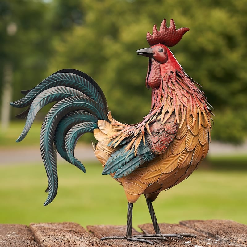Red and Orange Iron Rooster with Head Turned