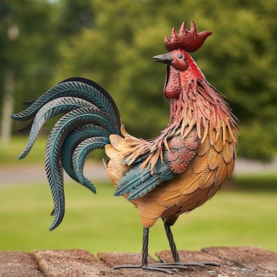 Red and Orange Iron Rooster with Head Turned