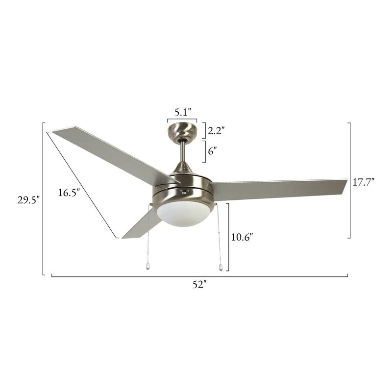 52" Modern Silver Indoor Flush Mount Ceiling Fan with Light - 52" Dia × 17.7" H