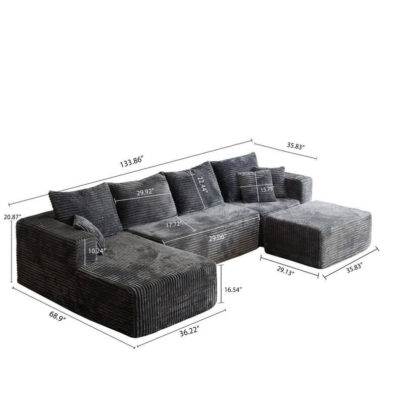 133.86" Modern U-Shape Cloud Modular Sectional Sofa with 1 Ottoman, No Assembly Required