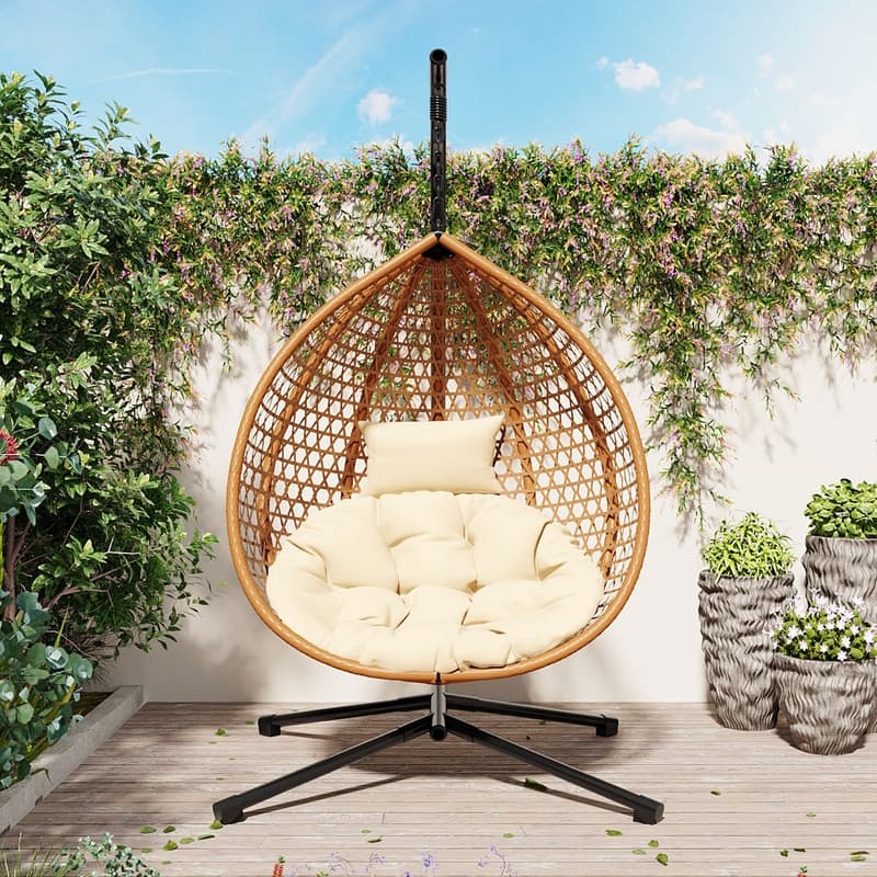 Hammock Chair with Stand, Indoor Outdoor Hanging Egg Chair with Removable Cushion - Beige