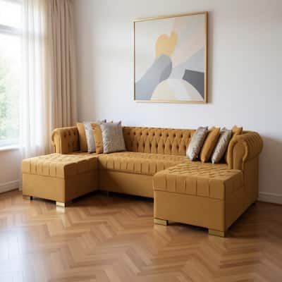 HomeRoots Mustard Velvet U Shaped Three Piece Sofa and Chaise Sectional With Toss Pillows