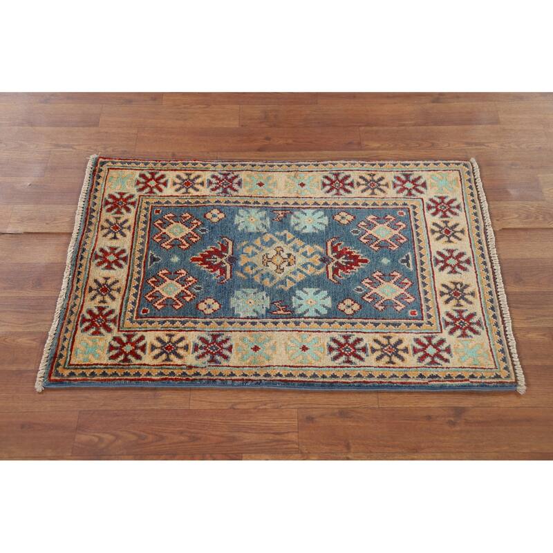 Blue Kazak Oriental Accent Rug Hand-Knotted Wool Carpet - 1'11" x 2'11"