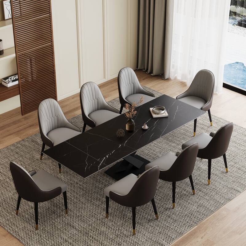 9 - Piece 94.48'' Extendable Sintered Stone Dining Table with 8 Chairs Dining Set - Andes Black&Starry Black