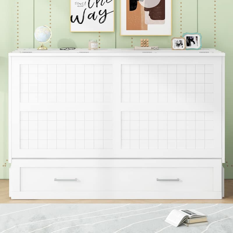 Queen Size Mobile Murphy Bed with A Big Storage Drawer, Solid Pinewood Murphy Cabinet Bed with Little Shelves on Each Side