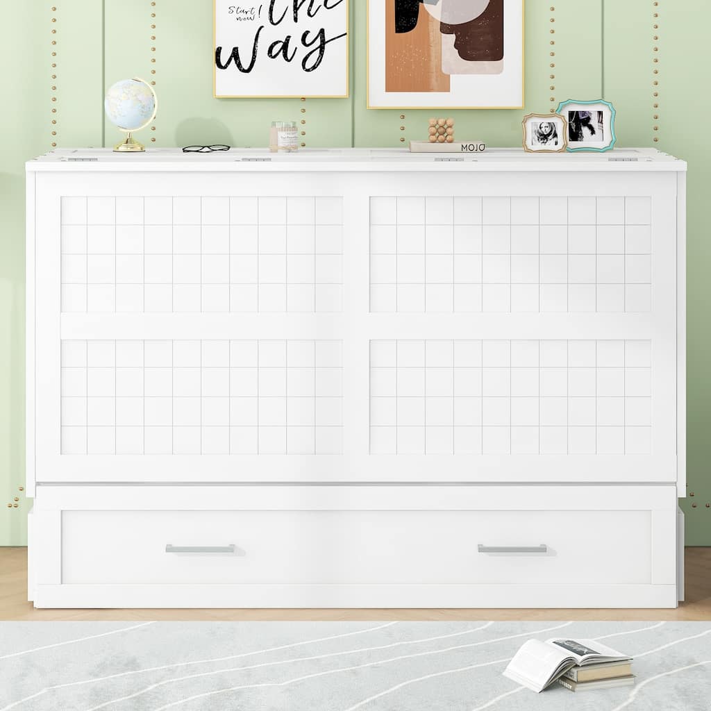 Queen Size Wall-Mounted Bed with Storage Drawer and Side Shelves, White