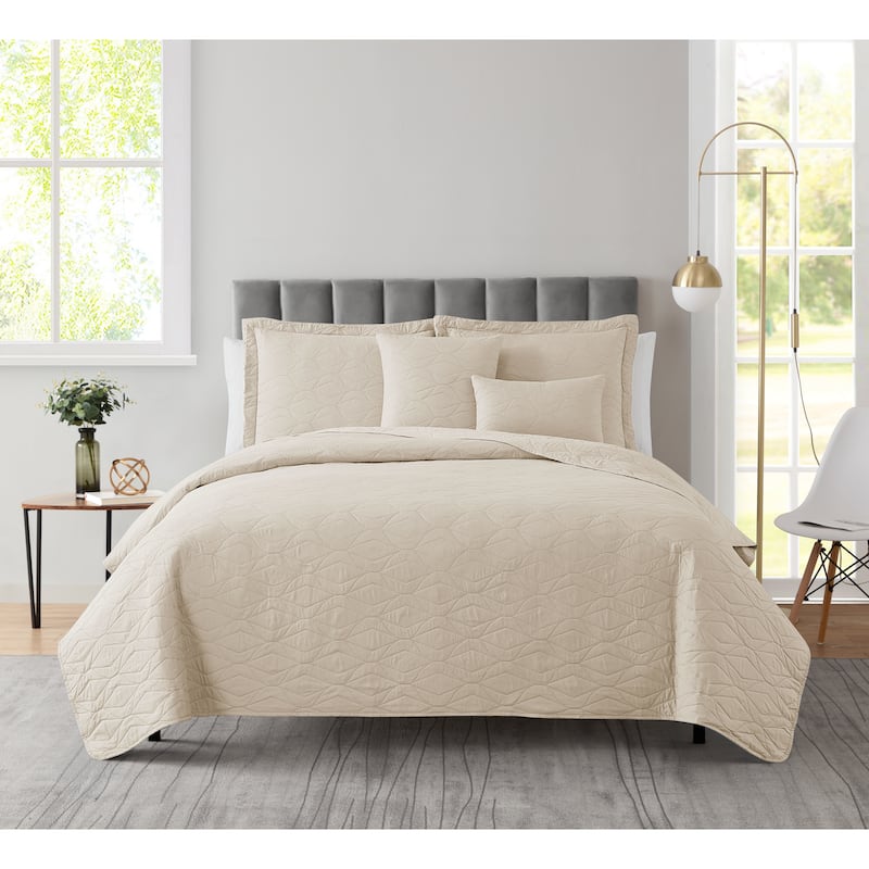 Clara Clark Bedspread Quilt Set - Ellipse Weave Pinsonic Lightweight Coverlet Set - Beige Cream - Queen