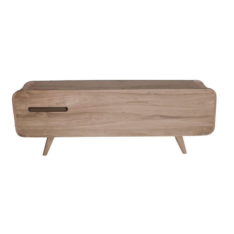 59 Inch TV Entertainment Console, Sliding Doors, Teak Wood, Rattan, Brown